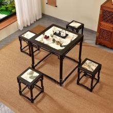 紫光檀云石面四方桌红木新中式家具正方形茶桌一桌四凳